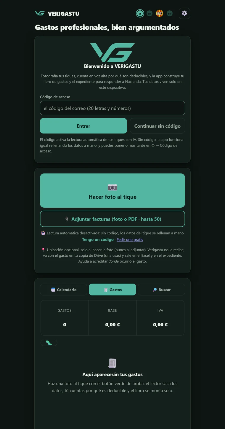 Pantalla de bienvenida de Verigastu con el campo «Código de acceso», el botón «Entrar» y el enlace «Continuar sin código».